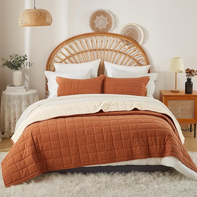 Burnt Orange Quilt King Size， Cotton Linen King Quilt Bed Spreads，3-Pieces King Size Quilt Bedding Set with Cream Stripe Coverlet Lightweight Bedding Comforters with 2 Pillow Shams