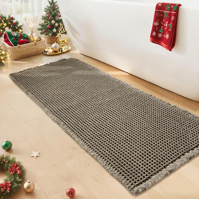 Waffle Runner Bath Mat - Long Boho Bathroom Rugs Non Slip Washable, Super Absorbent & Quick Dry, Soft Bath Mat Farmhouse Bathroom Decor, 24'' x 72'', Olive Green