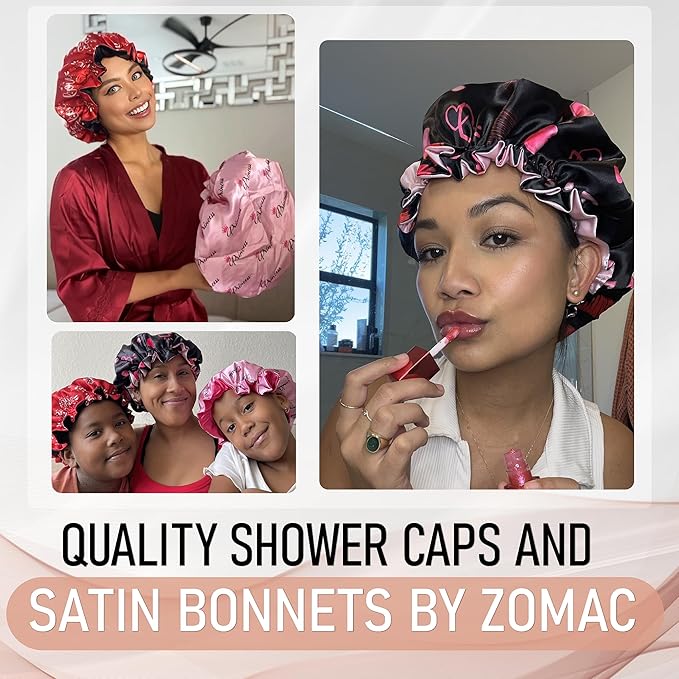 Satin Shower Cap for Women, Reusable and Waterproof Shower Cap for Long Hair, Luxury Print and Double Layer (Black Hearts, Large)