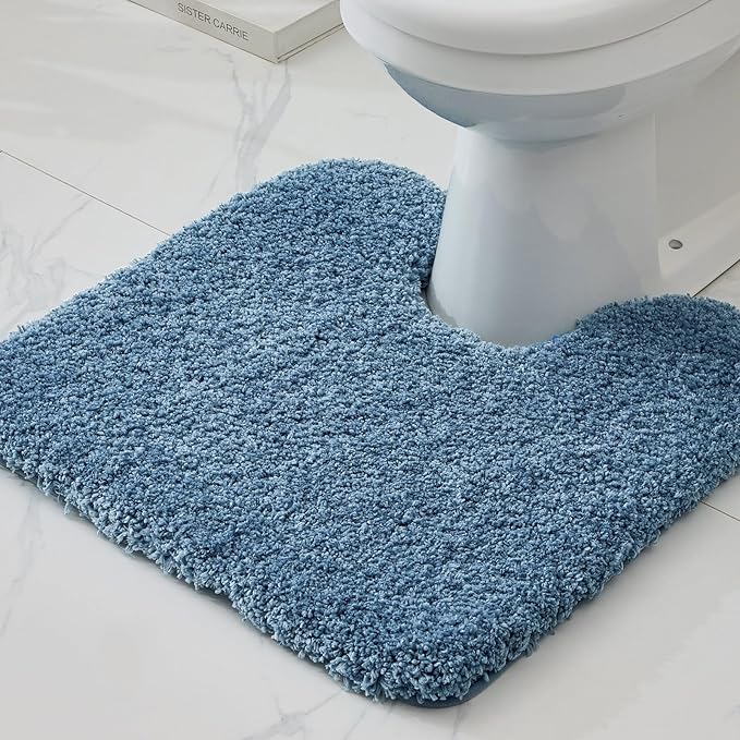 Blue Toilet Rug 22x24 Non Slip Fluffy Toilet Floor Mat U Shaped Washable Bathroom Contour Rug for Toilet Absorbent Thick Toilet Carpet