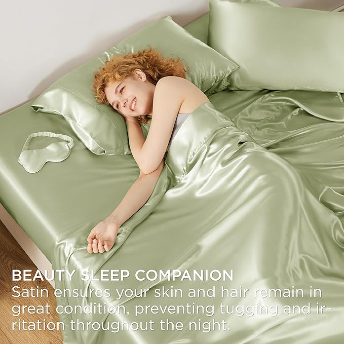Bedsure Satin Sheets Full Size - 4 Piece Silky Bedsheets with 15 Inches Deep Pocket Fitted Bedsheet,1 Flat Sheet, 2 Satin Pillowcases, Good for Hair & Skin (Full, Sage Green)