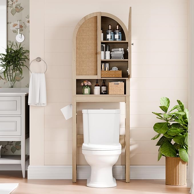Over The Toilet Storage Cabinet, 23.7”W Modern Storage Cabinet Over Toilet with Rattan Doors, Arched Freestanding Over Toilet Rack with Adjustable Shelf for Bathroom, Nature