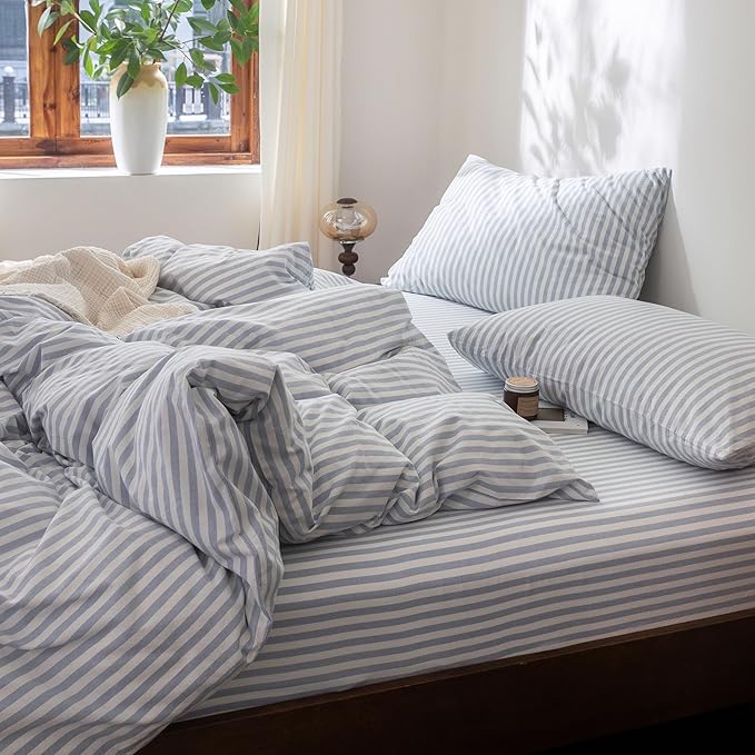 FOSSA Striped Duvet Cover Set 100% Washed Cotton Linen Feel Super Soft Breathable Cozy 3 Pieces Bedding Sets Cornflower Blue White Classic Stripes Queen