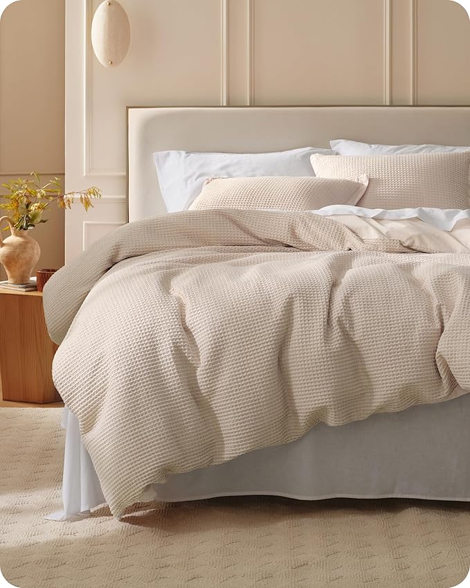 Bedsure Cotton Duvet Cover Set - 100% Cotton Waffle Weave Beige Duvet Cover Oversized Queen Size, GentleSoft™ and Breathable Bedding Set for All Season, 3 Pieces, 98"x98"
