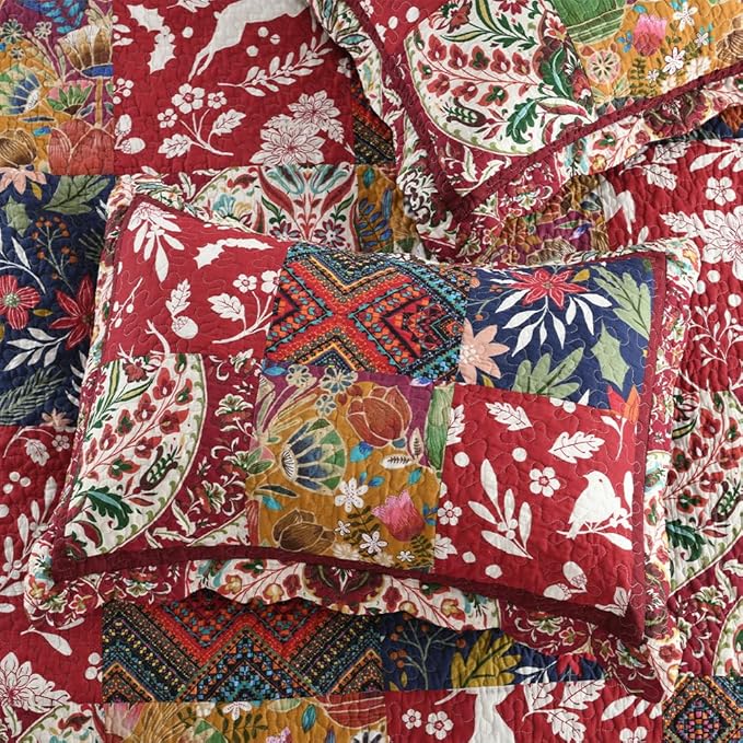 Cotton Bedspread Quilt Bedding Sets 3 Pieces Reversible Coverlet Sets Comforters Gorgeous Paisley Floral Patchwork Red Bedspread, King Size