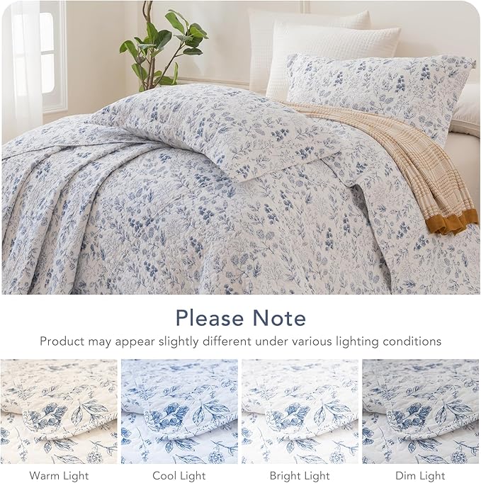 Lady Ann Oversized King Quilt Bedspreads 128x120,Cotton Blue and White Floral & Leaves Pattern California King Size Quilt Bedding Set Extra Large Lightweight Quilted Bedding Coverlet Set 3Pcs