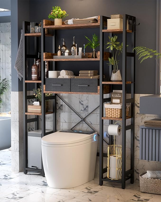 Over The Toilet Storage with 2 Drawers - 11 Tier Bathroom Organizer Freestanding Space Saver Storage Rack with Adjustable Shelf Above Toilet Stand with 4 Hooks for Restroom, Laundry, Rustic Brown