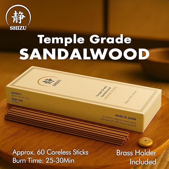 Shizu Sandalwood Incense Sticks – Temple Grade Japanese Incense with Brass Holder – Calming Scent for Relaxation, Meditation & Home Spa, Elegant Gift Set (60 Sticks)