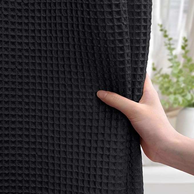 Waffle Weave Shower Curtain - Black Cotton Fabric Texture Heavyweight Shower Curtain for Bathroom,Washable,72Wx75L