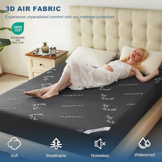 BEDLORE Queen Size Waterproof Mattress Protector Viscose Derived from Bamboo, Soft Mattress Cover Fitted with Deep Pocket 6"-18", Breathable & Cooling Noiseless Mattress Pad, Machine Washable(Gray)