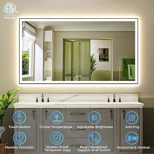 60x36 Inch LED Bathroom Mirror with Lights (Front Lit and Backlit) Black Framed Lighted Vanity Mirror for Bathroom Wall Dimmable Anti-Fog Memory Tempered Glass Horizontal/Vertical