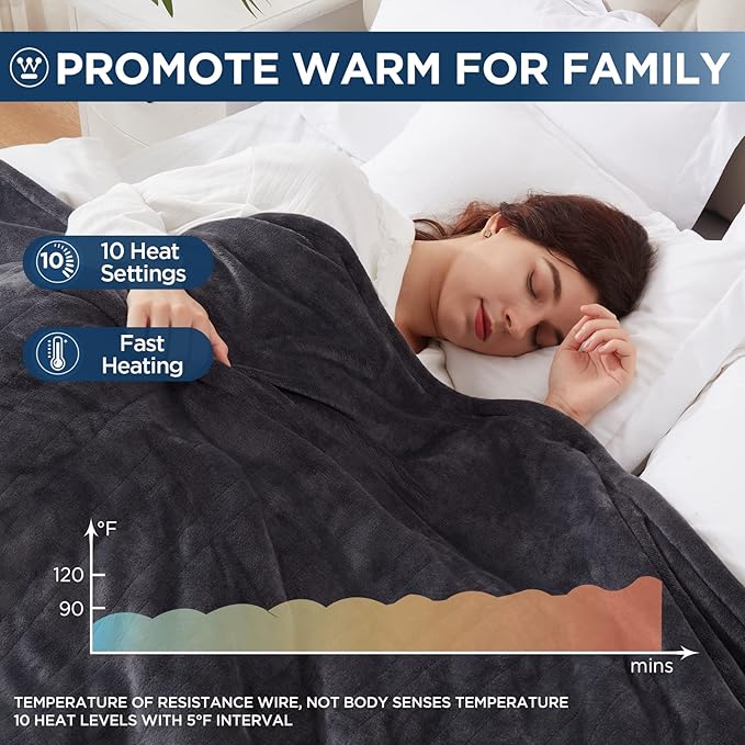 Westinghouse Electric Blanket Queen Size, Super Cozy Soft Flannel 84"" x 90"" Heated Blanket with 10 Fast Heating Levels & 1-12 Auto-Off, Machine Washable, ETL&FCC Certification, Charcoal