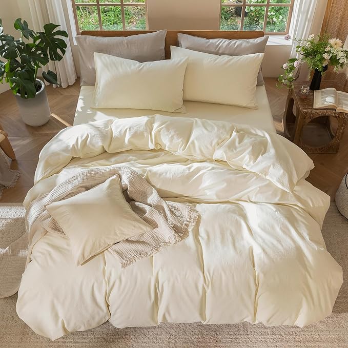 MooMee Bedding Duvet Cover Set 100% Washed Cotton Linen Like Textured Breathable Durable Soft Comfy (Solid Cream White, King 104"x90")