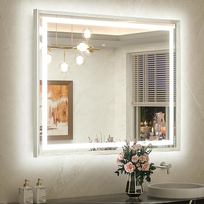 TETOTE 42 x 36 Led Mirror Brushed Nickel Metal Frame Frontlit & Backlit Vanity Mirror Anti-Fog Stepless Dimmable 3 Colors White/Warm/Natural Wall Mirror with Lights Wall-Mounted