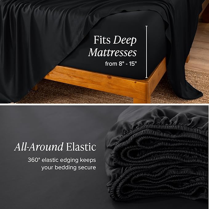 Bare Home 100% Rayon Made from Bamboo Luxury Full Sheet Set - 4 Piece Bedding Set - Deep Pockets - Cooling Sheets - Breathable - Easy Fit - Soft Bedding Sheets & Pillowcases (Full, Black)