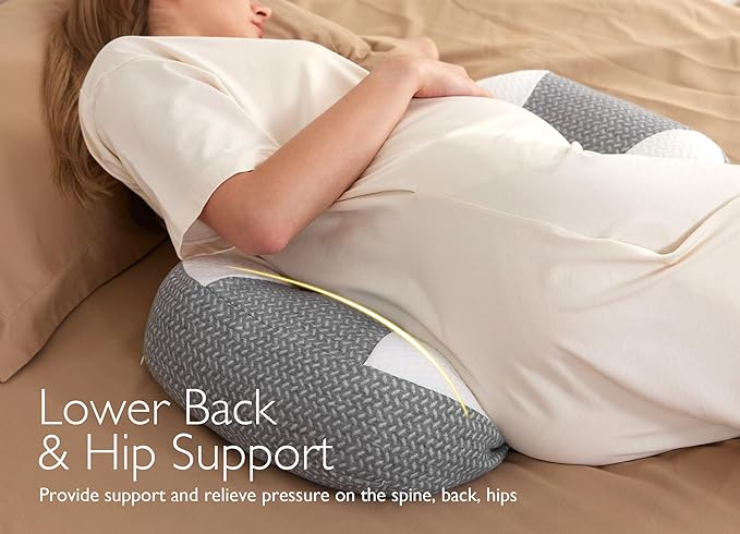 Momcozy Plus W Shaped Pregnancy Pillow for Sleeping - Adjustable Maternity Pillow for Side Sleepers - Portable Wedge Belly Support -Compact Design for Back Belly and HIPS, Grey White