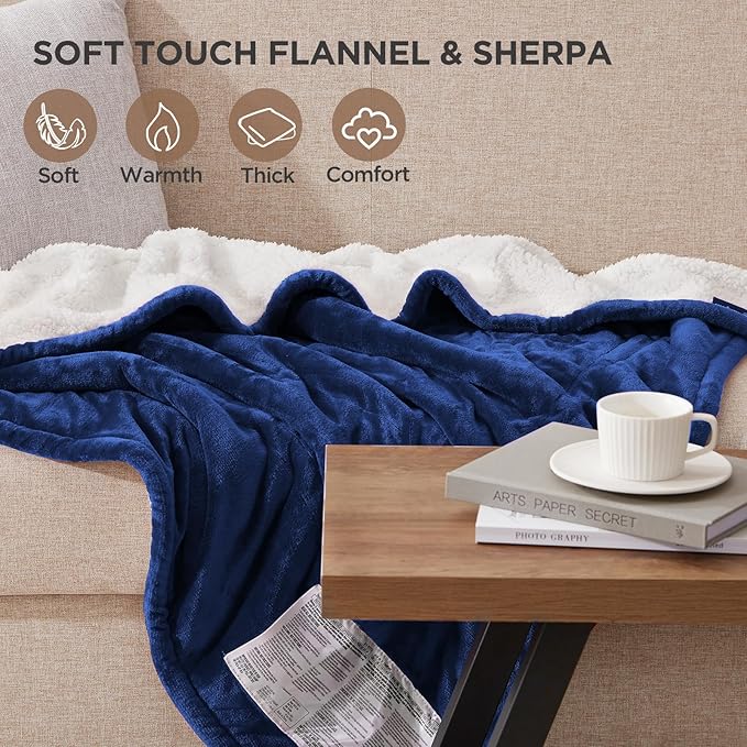 Westinghouse Electric Blanket Heated Throw | 6 Heating Levels & 4 Hours Auto Off | Flannel to Sherpa Reversible 50x60 | Machine Washable, Navy Blue