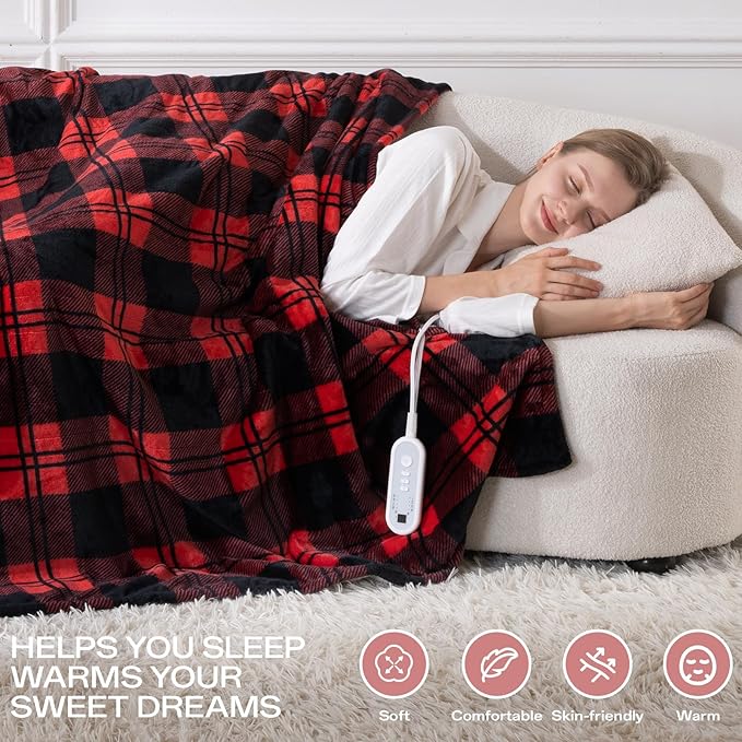 Heated Blanket Electric Throw, Heating Throw with 8 Fast Heating Levels/8 Hours Auto Off, Red Black Plaid Checkered Sherpa Blanket Warmer for Adults, Washable Blanket Gift for Couch Bed (50x60 inches)