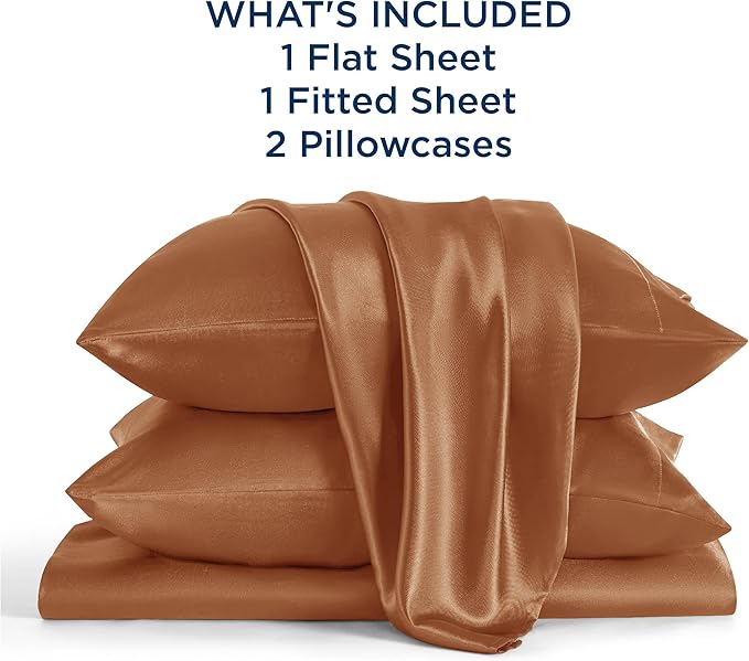 Bedsure Satin Sheets Full Size - 4 Piece Silky Bedsheets with 15 Inches Deep Pocket Fitted Bedsheet,1 Flat Sheet, 2 Satin Pillowcases, Good for Hair & Skin (Full, Burnt Orange)