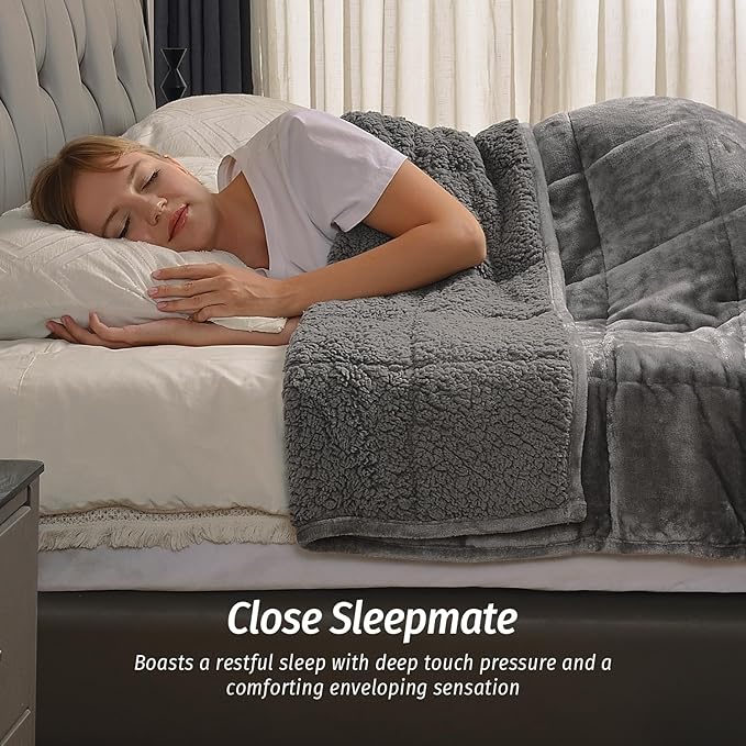 Wemore Sherpa Fleece Weighted Blanket for Adult, 15 lbs Dual Sided Cozy Fluffy Heavy Blanket, Ultra Fuzzy Throw Blanket with Soft Plush Flannel Top, 48 x 72 inches, Grey on Both Sides
