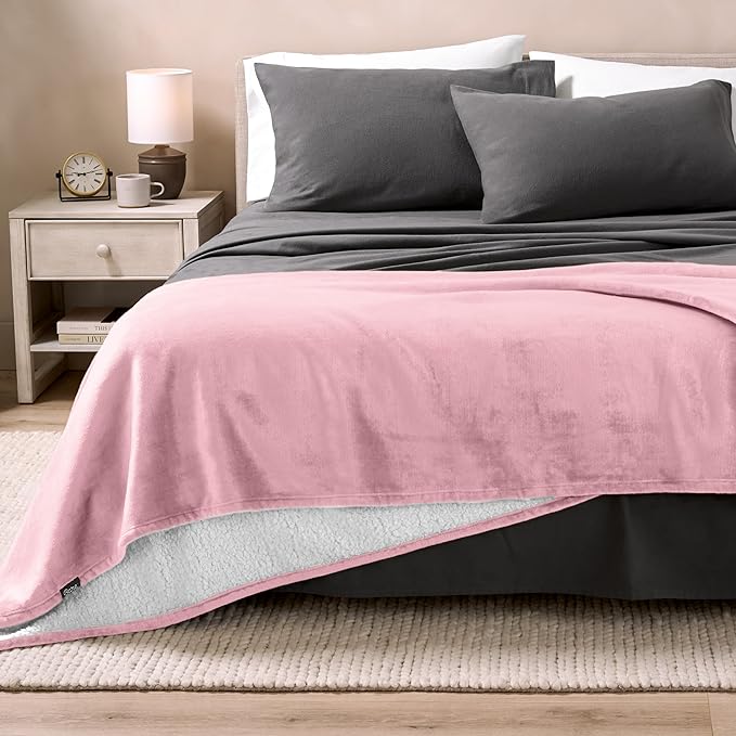 Bare Home Sherpa Fleece Blanket - King Size - Blanket for Bed, Sofa, and Couch - Warm & Lightweight - Fluffy & Soft - Reversible (King, Light Pink)