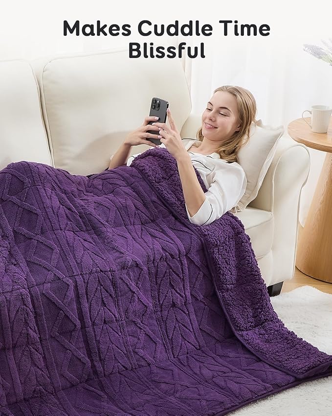 Sivio Weighted Blanket Queen Size 15 lbs for Adults, Sherpa Fleece Weighted Blanket Jacquard Heavy Blanket for Sleeping, Reversible Super Soft Warm Cozy Fluffy Blanket for Adult, 60 x 80inch, Purple