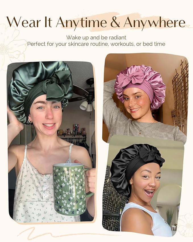 YANIBEST Silk Hair Bonnet for Sleeping, Double Layer Hair Bonnet with Elastic Tie Band for Curly Natural Hair Reduce frizz