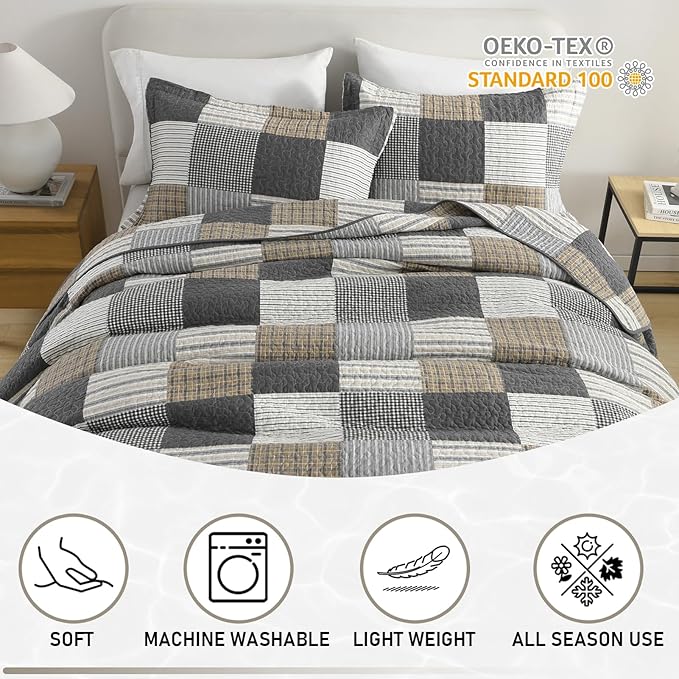 KALOOLA Plaid Quilt King Size, 100% Cotton Soft Lightweight Quilted Bedding Set for King Bed, Farmhouse Reversible Bedspread Coverlet with 2 Pillowshams for All Season, 3 Pcs, Grey/White/Black