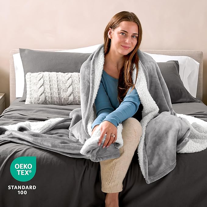 Bare Home Sherpa Fleece Blanket - King Size - Blanket for Bed, Sofa, and Couch - Warm & Lightweight - Fluffy & Soft - Reversible (King, Light Grey)