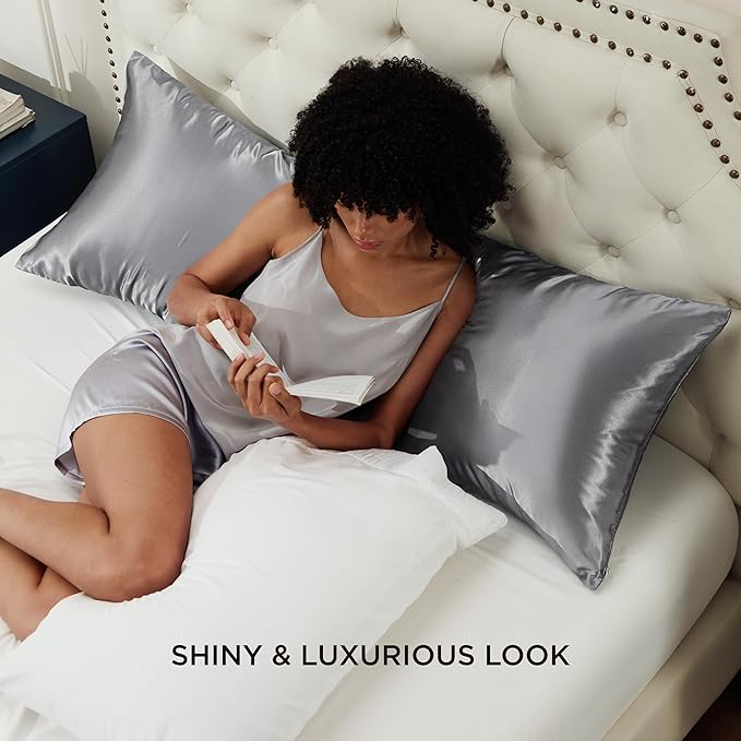 Bedsure Satin Body Pillow Pillowcase, Similar to Silk Body Pillow Cover with Zipper, Soft & Breathable Long Pillow Case, Cooling & Silky Long Pillowcase for Hair and Skin, Dark Grey, 20x54 Inches