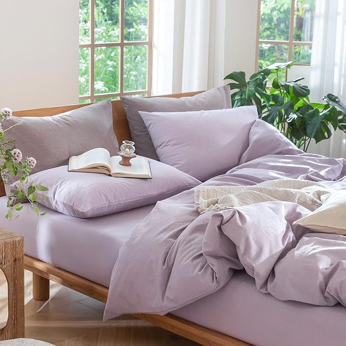 MooMee Bedding Duvet Cover Set 100% Washed Cotton Linen Like Textured Breathable Durable Soft Comfy (Heathered Light Purple, Cal King 104"x98")
