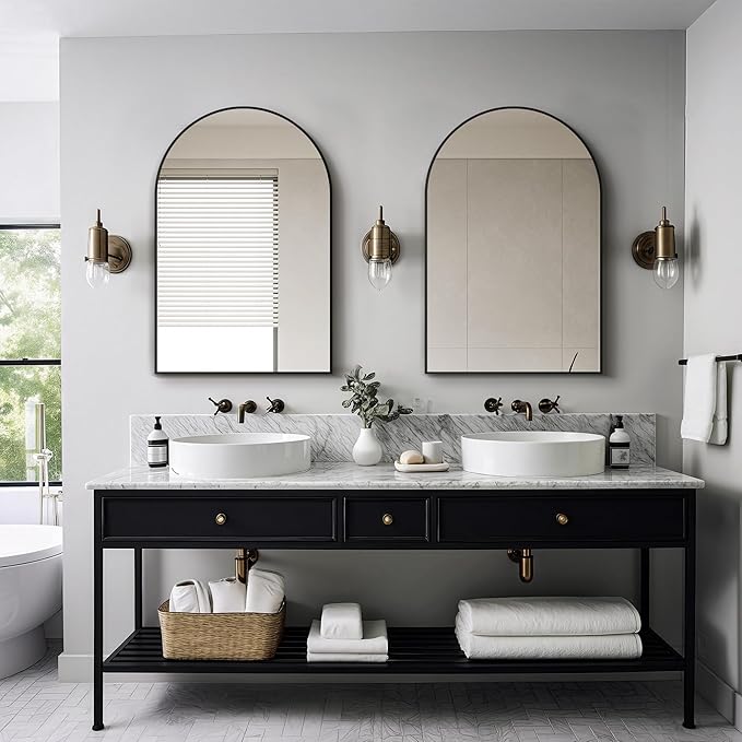Delma Arched Bathroom Mirror, 24"x36" Wall Mounted Vanity Mirror for Bedroom, Living Room and Entryway, Black