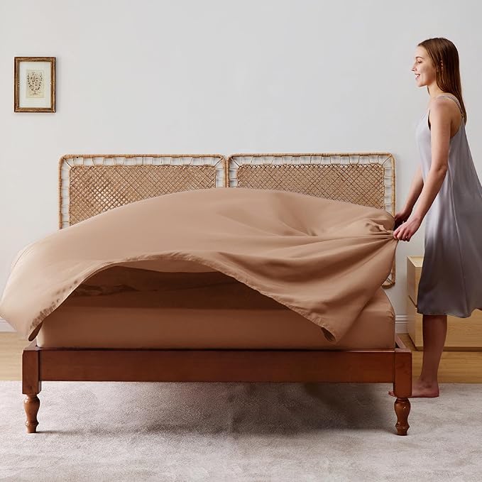 Bedsure California King Sheet Sets, Cooling Sheets for Hot Sleepers, Rayon Derived from Bamboo, Breathable & Soft, Deep Pocket Up to 16", Hotel Luxury Silky Bedding for Hot Sleepers, Khaki