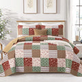 Mybedsoul Christmas Quilt Set Queen Size, 3 Pieces Red Green Floral Plaid Bedspread Coverlet Set, Reversible Soft Microfiber Bedding Set for All Season, Fall Winter Queen Christmas 90"x96"