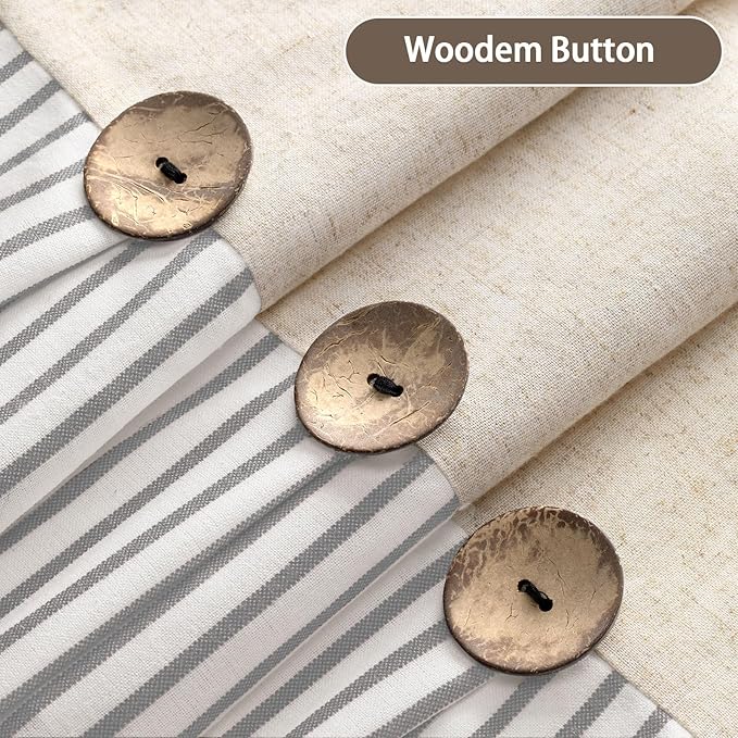 Farmhouse Shower Curtain Linen Button Woven Fabric Country Rustic Western, Pleated Grey Stripe 72" W x 72" L