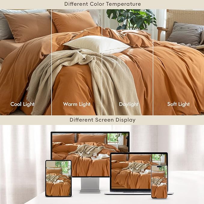 MooMee Bedding Duvet Cover Set 100% Washed Cotton Linen Like Textured Breathable Durable Soft Comfy (Solid Burnt Orange, Queen 90"x90")
