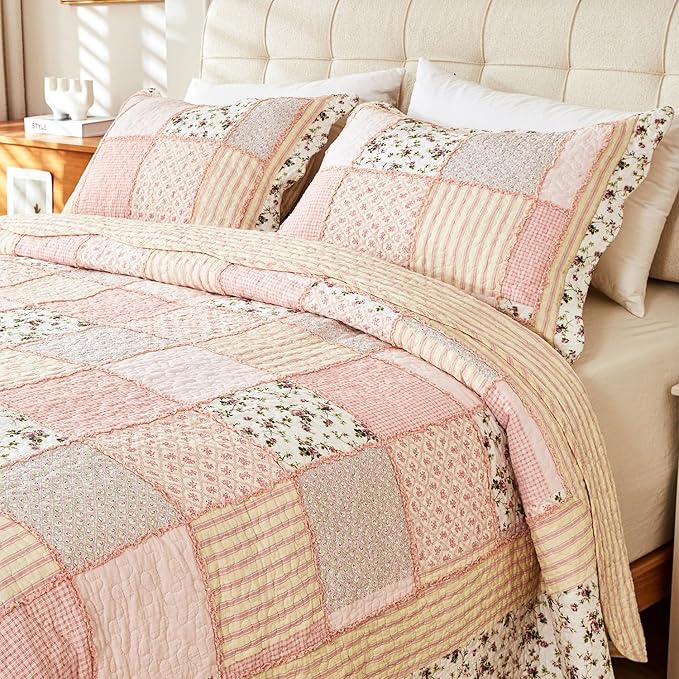 Cmfshape Floral Quilt Sets Bedspread Set 100% Cotton Patchwork Bedding Set, All Season Use Lightweight Reversible Coverlet Quilts with 2 Pillow Shams(Queen 92"x96")