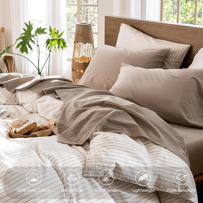 MooMee Bedding Sheet Set 100% Washed Cotton Linen Like Textured Breathable Durable Soft Comfy (Heathered Taupe, King)