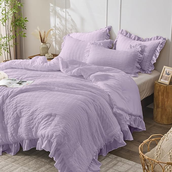 JOLLYVOGUE Lavender Comforter Full Size, 3 Pieces Seersucker Lightweight Full Size Bedding, All Season Fluffy Microfiber Bedding Comforter Set with 1 Ruffle Comforter and 2 Ruffle Pillowshams