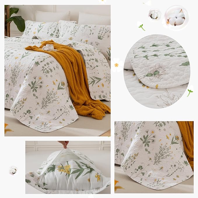 Lady Ann Oversized King Quilt 120x120, Cotton California King Size Quilted Bedding Set, Yellow Floral & Green Leaves Pattern Printed Cottagecore Coverlet Set Shabby and Chic Bedspread, 3 Pcs