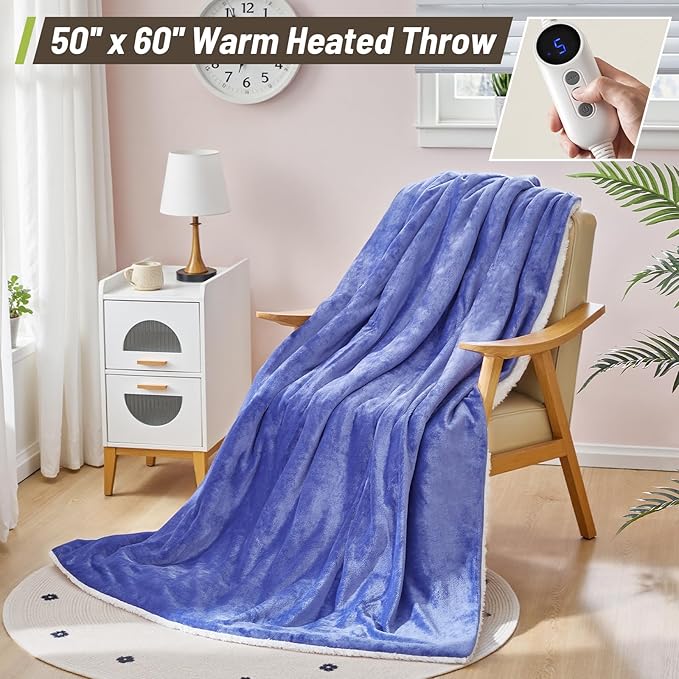 Electric Heated Blanket Throw 50"x60" - Soft Cozy Flannel & Sherpa Fabric Dual-Sided, 9 Heat Settings & 2-10 Hours Auto Off, Warming Heated Throw for Home Office, Machine Washable, Purple