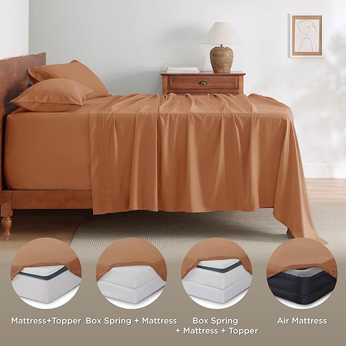 Bedsure Deep Pocket Queen Sheets Set - Fits Mattresses Up to 21 Inches Thick - 4 Piece GentleSoft Bed Sheets, Moisture Wicking, Soft & Cooling Bedsheet & Pillowcases, Easy & Secure Fit, Burnt Orange