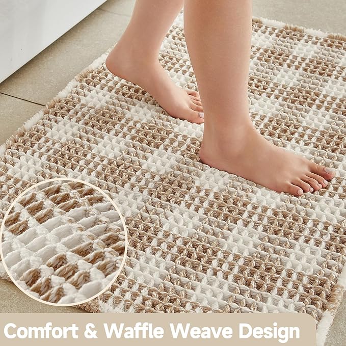 Waffle Bath Mat, Boho Bathroom Rugs Non Slip Washable Absorbent Checkered Bathroom Mat Quick Dry Farmhouse Bathroom Decor, 24"x16" Khaki and White