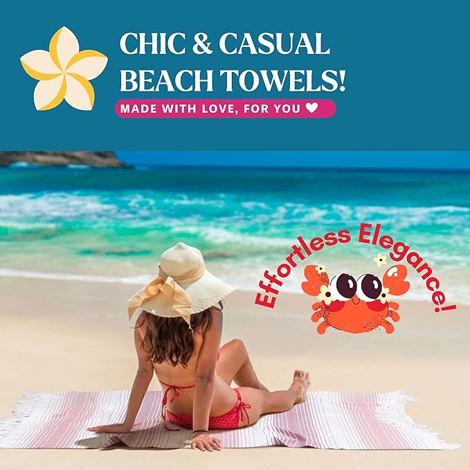 Native Fab Turkish Stripe Beach Towels - Set of 6-40x71 inches 100% Cotton Quick Dry Lightweight Thin Sand Free - Oversized Peshtemal Towel for Adults, Travel, Bath, Spa, Camp - Red Orange