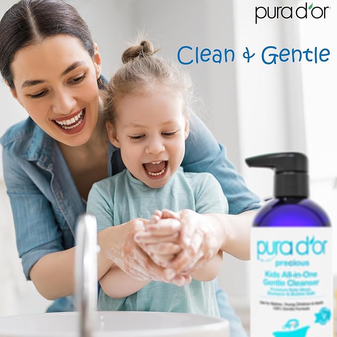 PURA D'OR Kids Wash (16oz x 3 = 48oz) All-in-One Gentle Cleanser - USDA Biobased, Sulfate-Free, Tear-Less, Hypoallergenic, Premium, Shampoo & Bubble Bath
