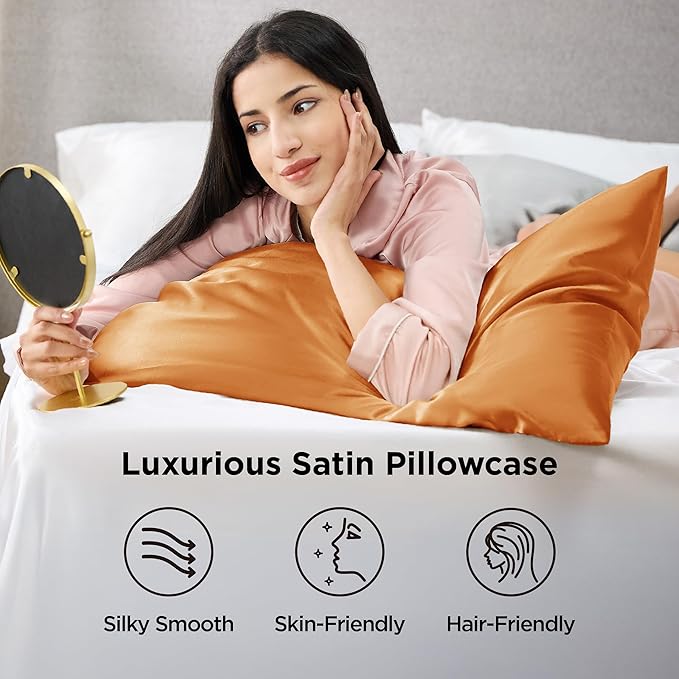 Bedsure Satin Pillowcases, Similar to Silk Pillow Cases Queen Size Set of 2, Pillow Case for Sleeping Women with Envelope Closure, Gifts for Women Men, Orange, 20x30 Inches, 2pcs