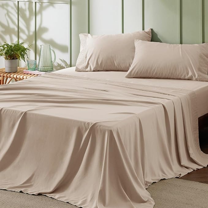 Bedsure California King Sheet Sets - 4 Pieces Soft Cal King Sheets - Breathable & Cooling - Hotel Luxury - Easy Care Polyester Microfiber Bedding for Women, Men, Beige