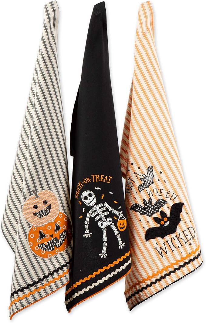 DII Happy Halloween Dishtowel Collection Embellished Cotton Kitchen Hand Towel Set, 18x28, Trick or Treat Skeleton, 3 Count