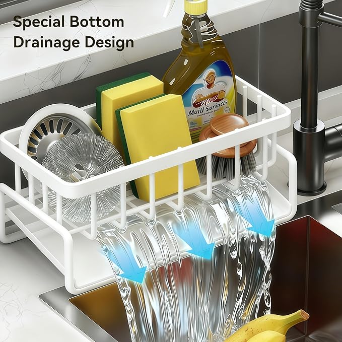 Sponge Holder for Kitchen, Sink Caddy Organizer Rack for Kitchen Accessories, Soap Dispenser Countertop Organizer Essentials for Home (White)