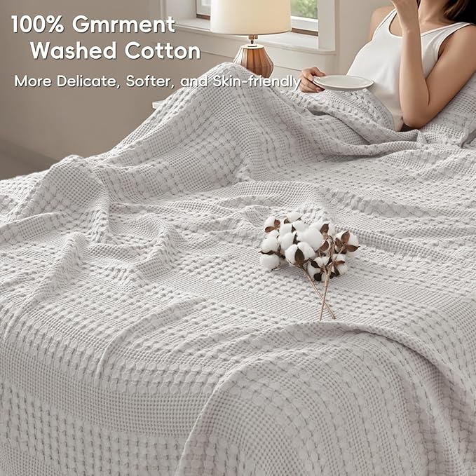 PHF 100% Cotton Waffle Weave Blanket Queen Size for Bed, Soft Lightweight & Breathable, All-Season Comfort, Luxury Aesthetic Woven Bedding for Home Decor, 90"x90", Light Grey
